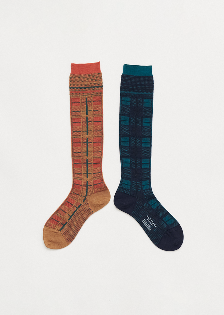 Tartan Check High Socks — Navy