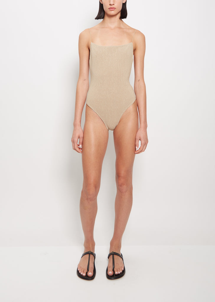 Smocked Swimsuit — Overcast Beige