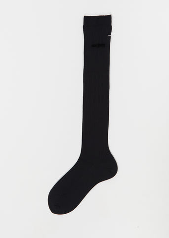 Ribbon Stretch Wool High Socks — Black