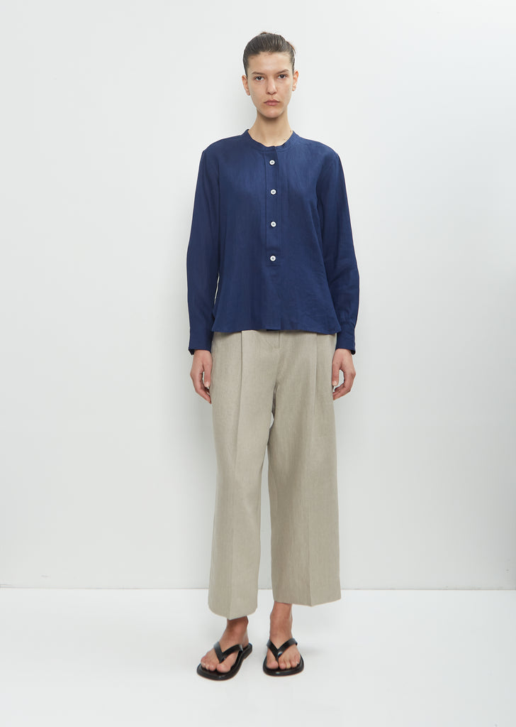 Linen Button Through Collarless Shirt