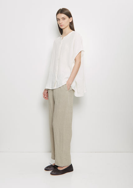 Linen Collarless Button Down Top — Milk – La Garçonne