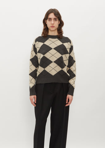 Oversized Merino Cashmere Argyle Jumper — Khaki/Ecru