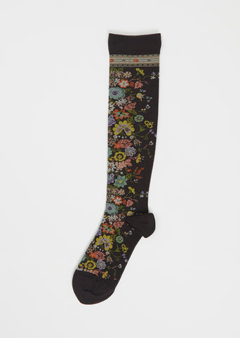 Happy Flower Wool Compression High Socks — Brown