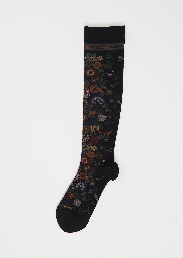 Happy Flower Wool Compression High Socks — Black