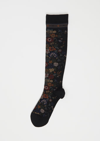 Happy Flower Wool Compression High Socks — Black