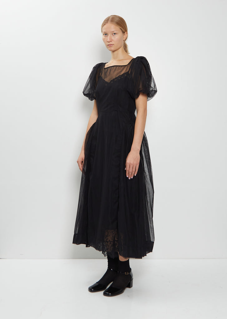 Bow Puff Sleeve Hip Detail Tulle Dress