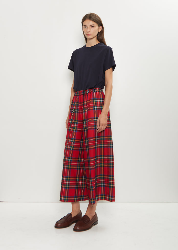 Wide Pull-On Wool Plaid Pants
