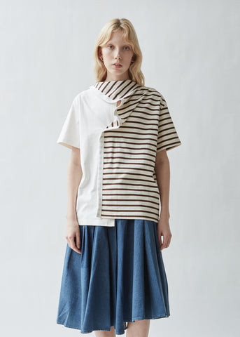 Striped Jersey Tee With Draped Scarf