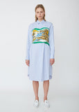 Cotton Stripe x Silk Habutai Flower Print Shirt Dress