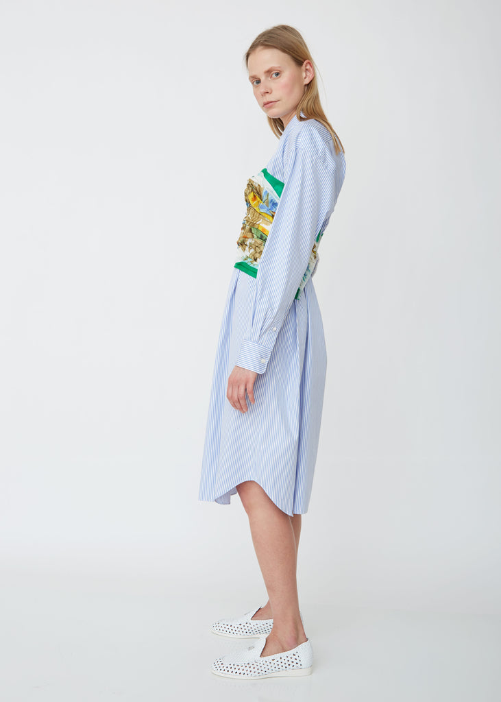Cotton Stripe x Silk Habutai Flower Print Shirt Dress