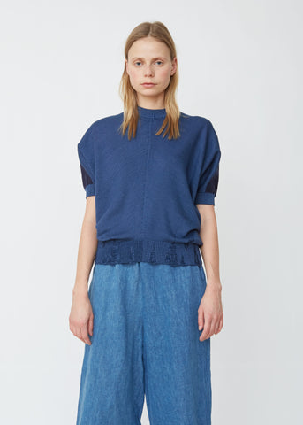 Two-Tone Cotton Jacquard Short Sleeve Sweater