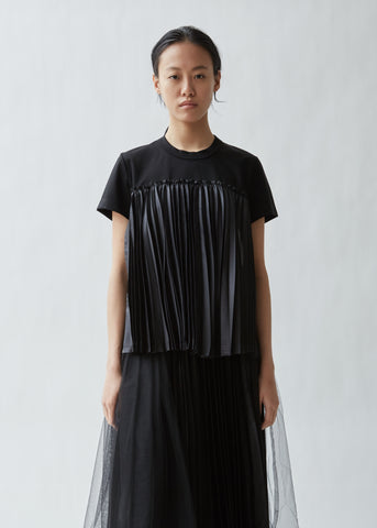Cotton Ponte x Taffeta Pleated Short Sleeve Top
