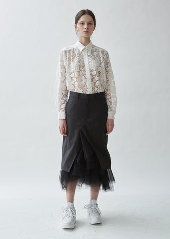 Wool Chambray Stripe x Nylon Tulle Skirt