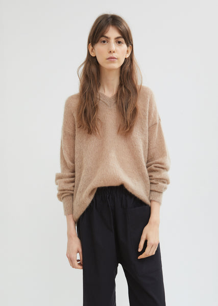 Oversized V-Neck Brushed Mohair Sweater - X-Small / Camel