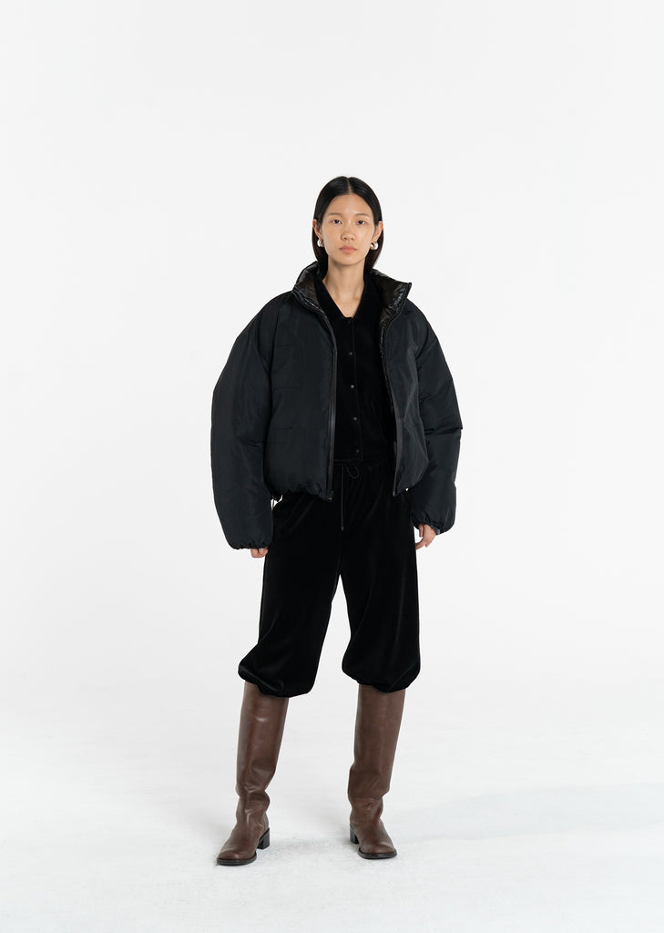 Vegan Leather Reversible Down Puffer — Black