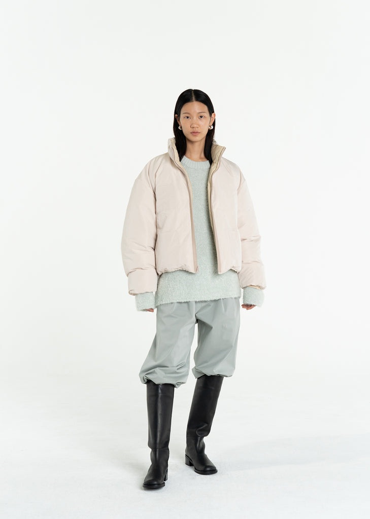Vegan Leather Reversible Down Puffer — Beige
