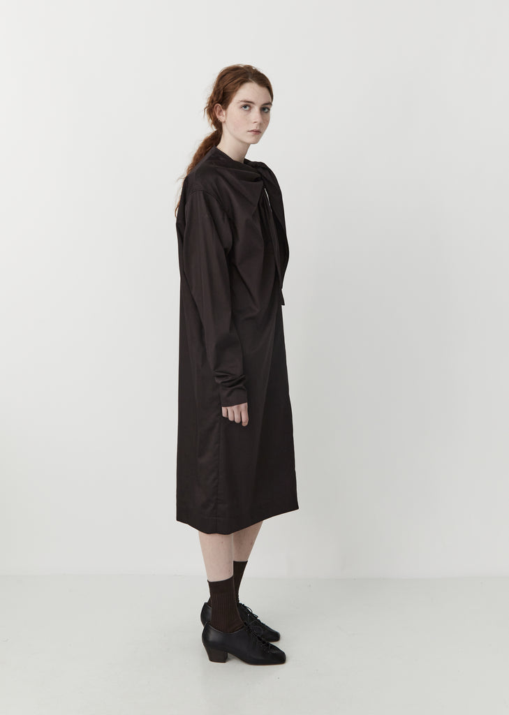 Cotton Satin Asymmetrical Dress with Tie — Midnight Brown