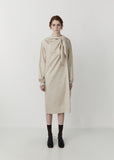 Cotton Satin Asymmetrical Dress with Tie — Oatmeal