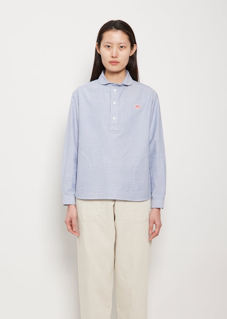 Round Collar Long Sleeve Cotton Shirt — Blue