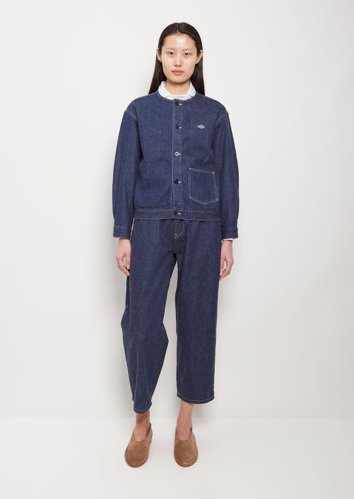 No Collar Cotton Blouson — Indigo