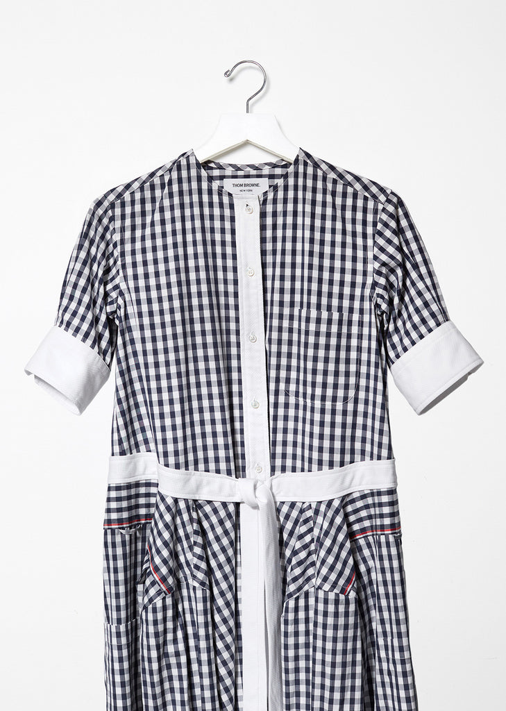 Collarless Gingham Shirtdress