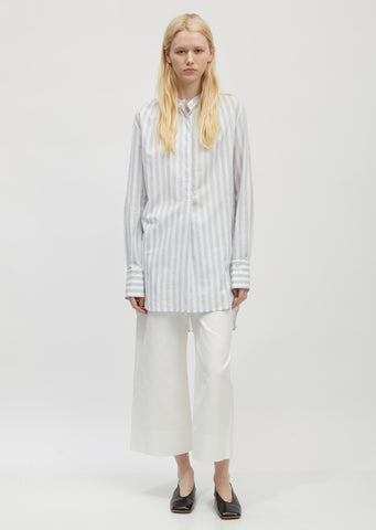 Cotton Stripe Band Collar Long Shirt