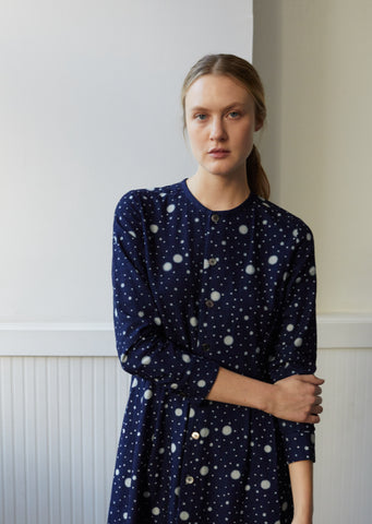 Women Indigo Yarn Dyed Flannel Snowflake Dot Pattern "Bassen" Dress