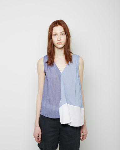 Patch Stripe Sleeveless Faux Wrap Shirt