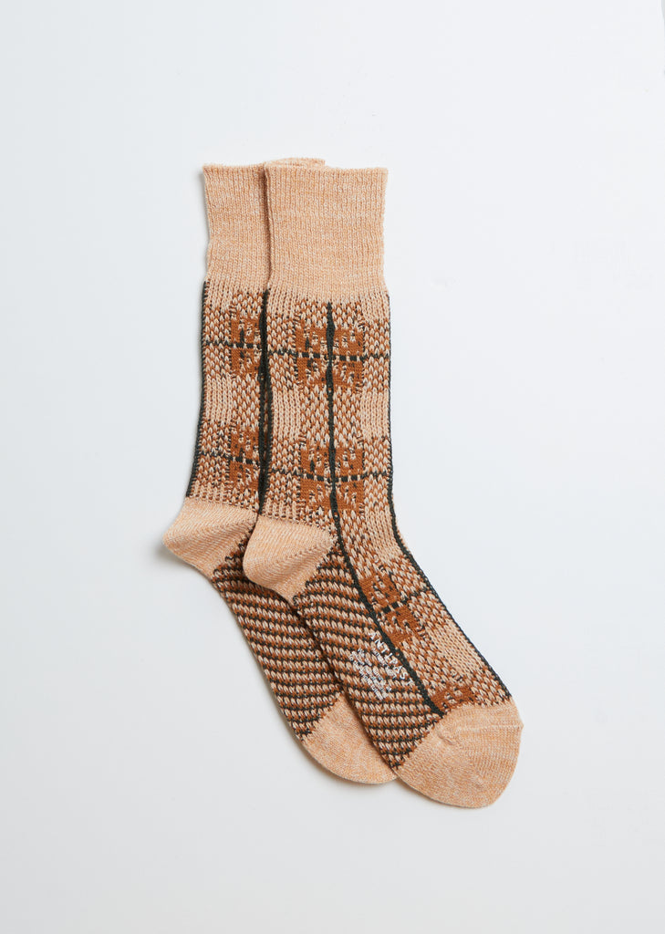 Square Check Socks — Beige