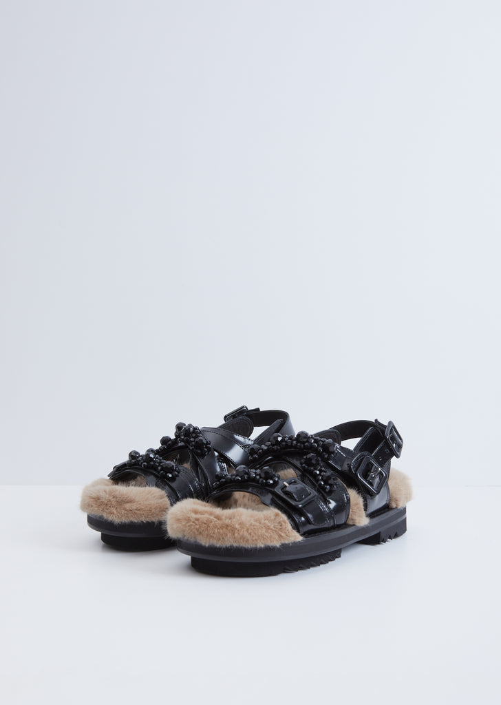 Track Sandal W/ Faux Fur — Black / Camel / Jet