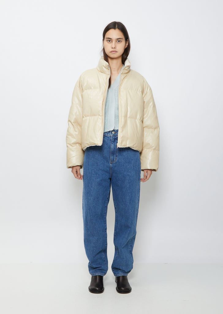 Vegan Leather Reversible Down Puffer — Beige