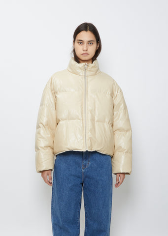 Vegan Leather Reversible Down Puffer — Beige