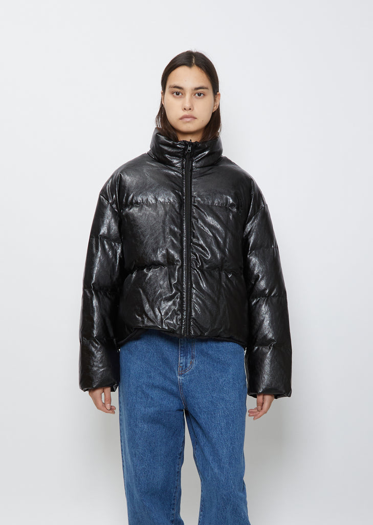 Vegan Leather Reversible Down Puffer — Black