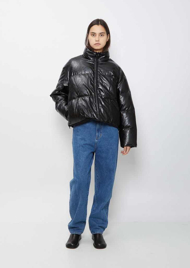Vegan Leather Reversible Down Puffer — Black