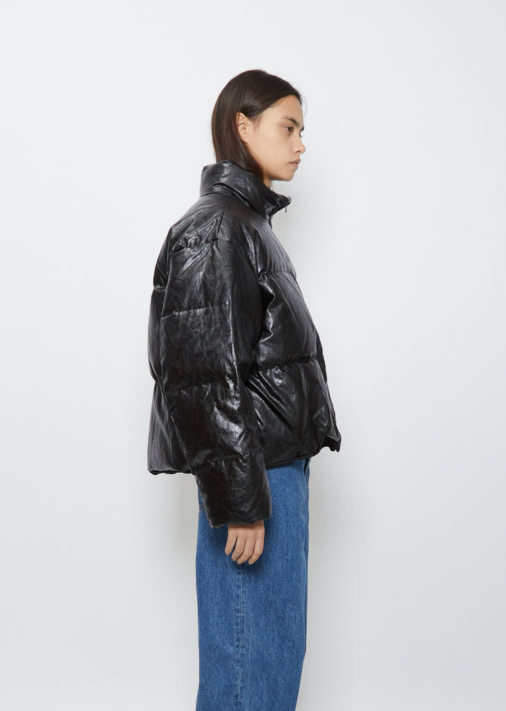 Vegan Leather Reversible Down Puffer — Black