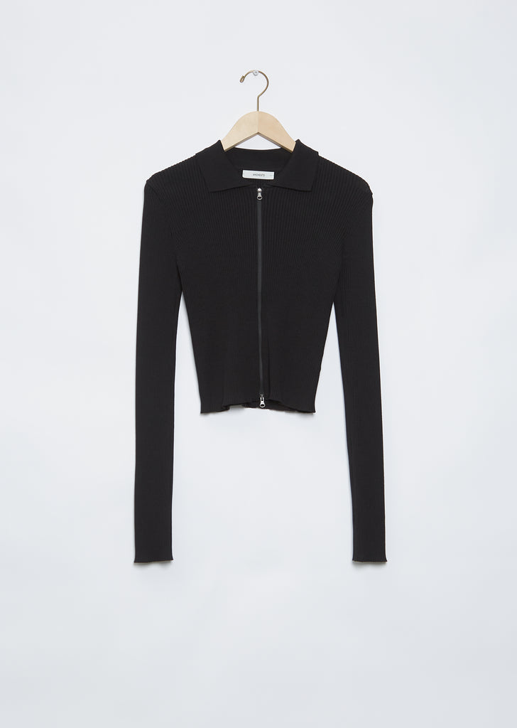 Rib Two Way Zip-Up Cardigan — Black
