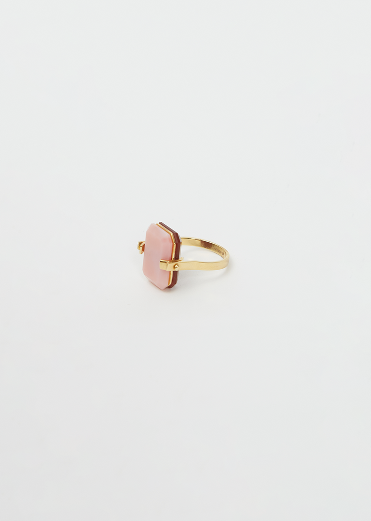Sandwich Deco Ring — Gold Pink Opal & Carnelian