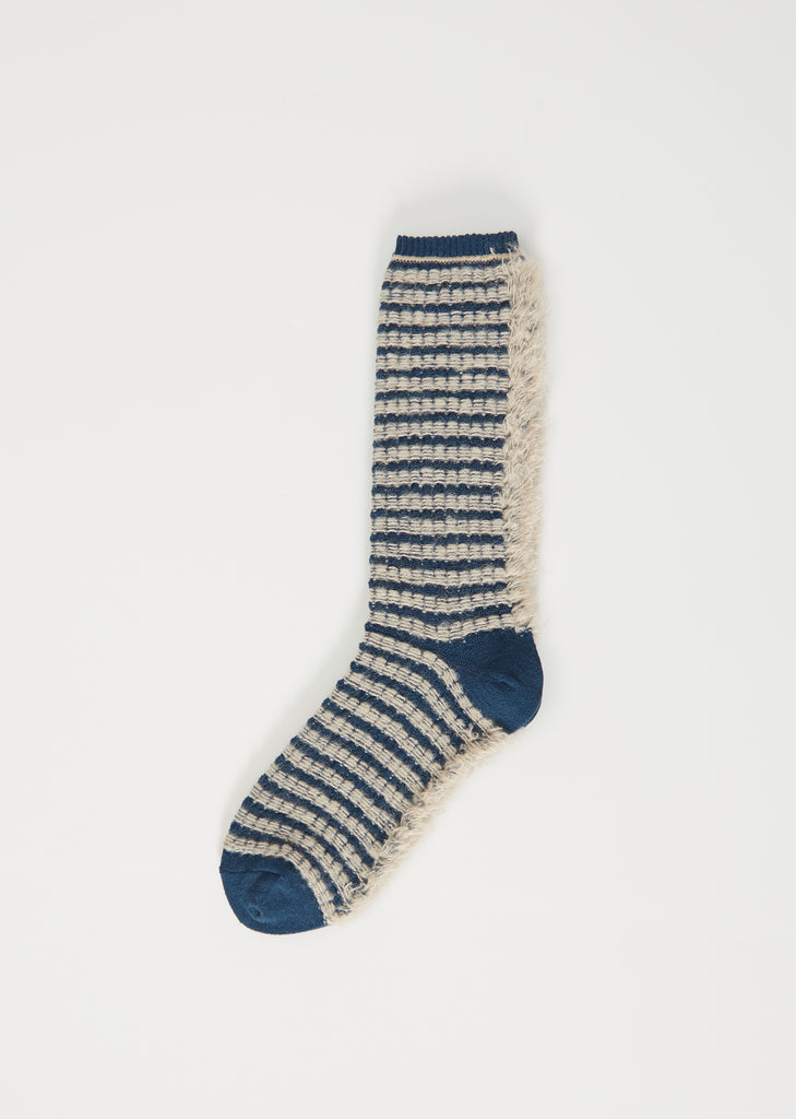 Fringe Stripes Knit Socks — Blue and Peach