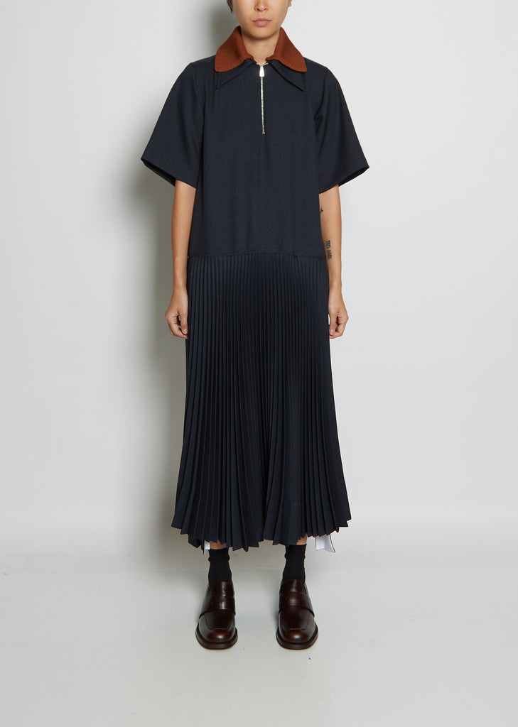 Collared Pleated Twill Dress