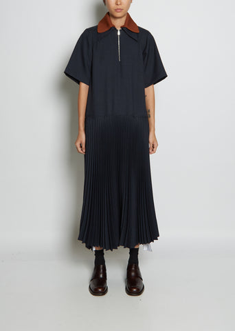 Collared Pleated Twill Dress