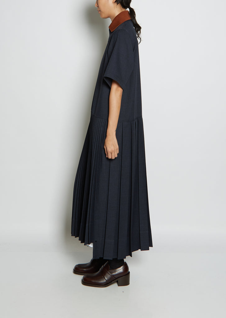 Collared Pleated Twill Dress