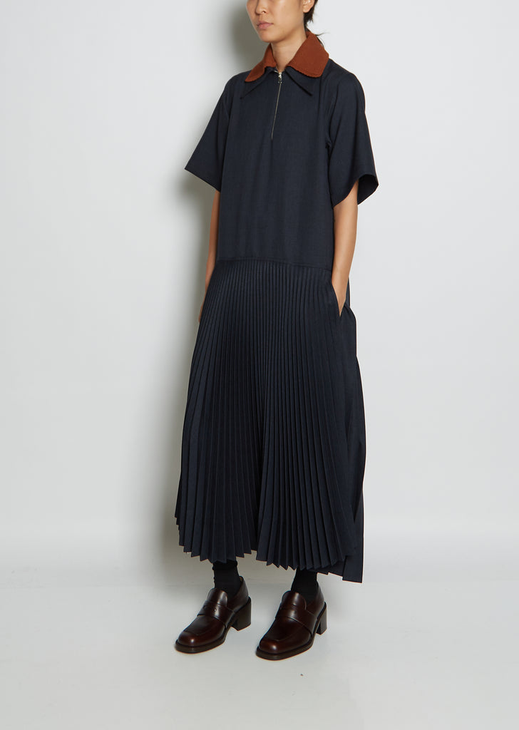 Collared Pleated Twill Dress