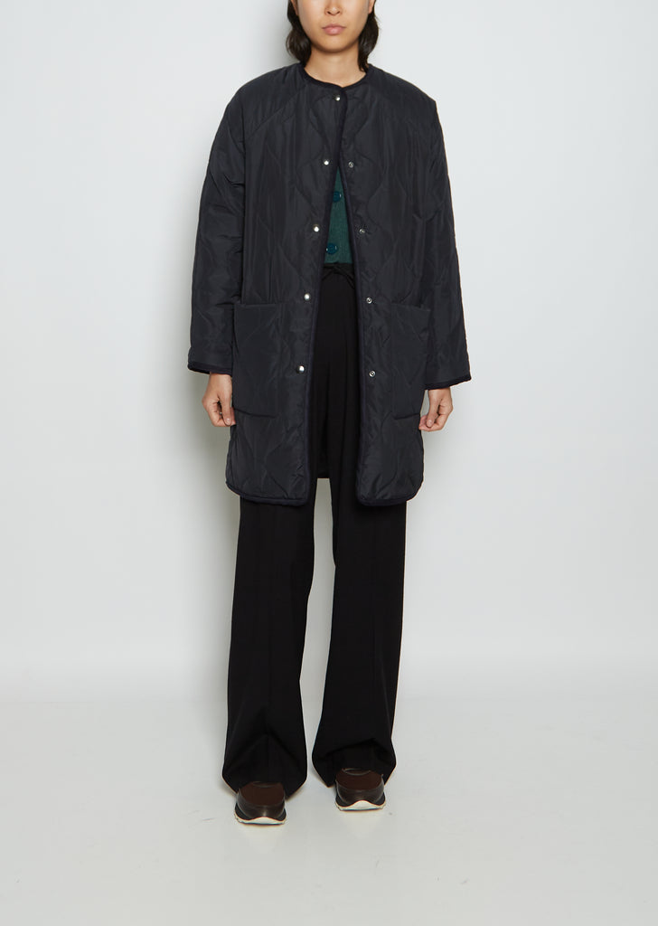 Taffeta Collarless Long Coat — Navy