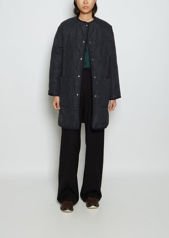 Taffeta Collarless Long Coat — Navy