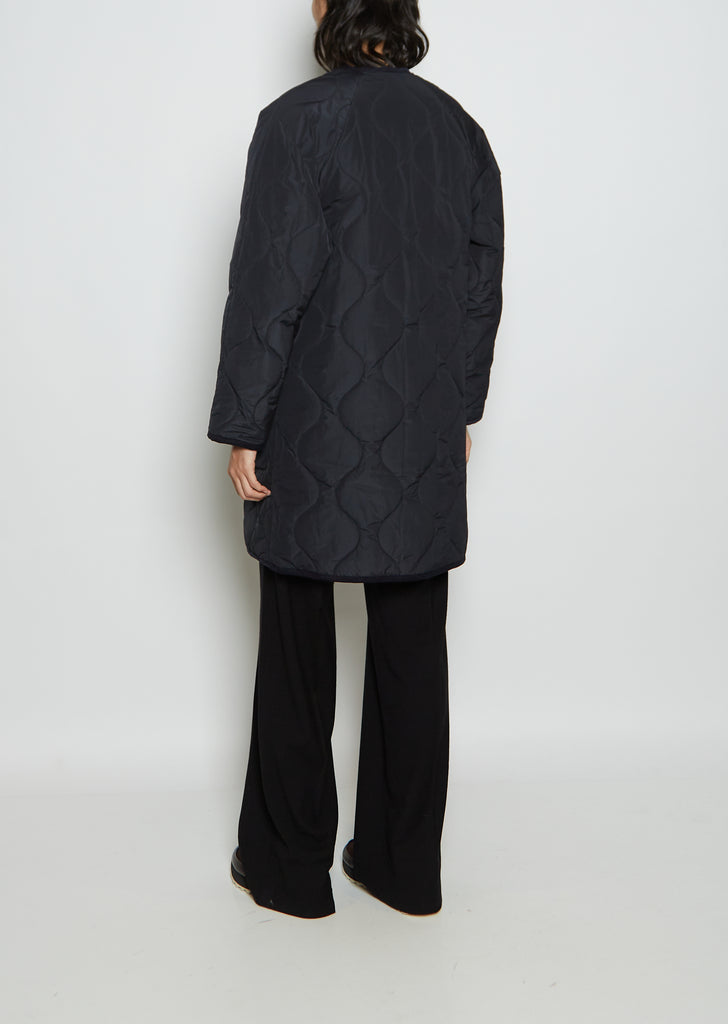 Taffeta Collarless Long Coat — Navy