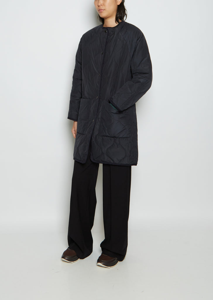 Taffeta Collarless Long Coat — Navy
