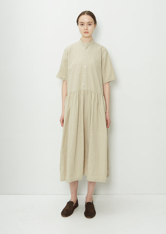 Stand Collar Stripe Shirt Dress — Beige