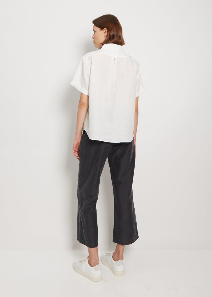 Round Collar Linen Short Sleeve Shirt — White