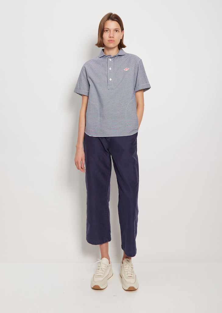 Round Collar Cotton Short Sleeve Shirt — Navy Gingham