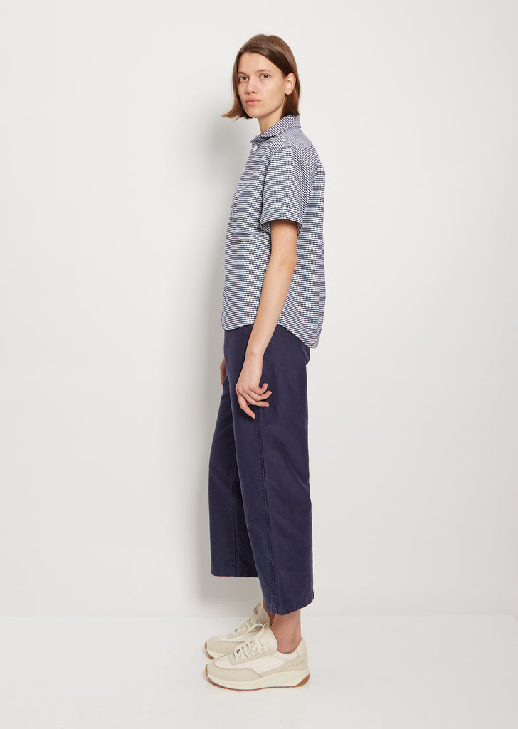 Round Collar Cotton Short Sleeve Shirt — Navy Gingham